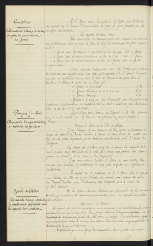 Cimetières, demande d'augmentation du prix de creusement des fosses. Pompes funèbres, demande d'augmentation de salaire des porteurs. Agents de Police, demande d'augmentation de traitement présentée par les agents démobilisé, Mr JEANNOT, Mr MOLLARET, Mr BATTEREAU, Mr PROD'HOMME