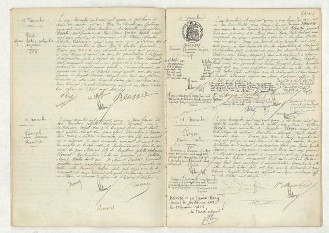 Acte de naissance de VENTE Agnès Pauline Antoinette Augustine (11 novembre 1915), reconnaissance de ROUSSEL Jean Marius (12 novembre 1915), acte de naissance de HONORE Bernard Germain Eugène (11 novembre 1915), acte de naissance de ROGER Désiré Arthur (11 novembre 1915)