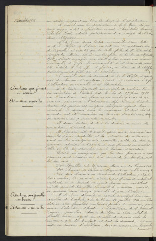 Assistance obligatoire aux vieillards, admissions nouvelles et mutations diverses. Assistance aux femmes en couches, admissions nouvelles. Assistance aux familles nombreuses, admissions nouvelles