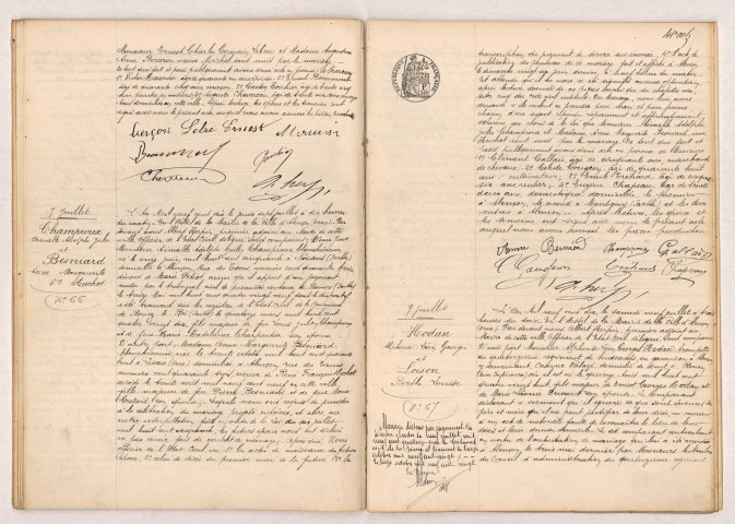 Acte de mariage de LEBREC Ernest Charles Germain divorcé de NUGUE et BERCERON Augustine Anne veuve MICHEL (06 juillet 1910), Acte de mariage de CHAMPROUX Aimable Alphonse Jules divorcé de PETIOT et BESNIARD Anne Marguerite veuve HUCHOT (07 juillet 1910), Acte de mariage de HODAN Alphonse Léon Georges et LOISON Berthe Louise (09 juillet 1910).