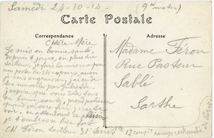 Cartes postales envoyées à Charles Féron et de ses parents demeurant Place du Marché aux Bestiaux, puis 1 Ruelle Piquet à Alençon (collection particulière Chrystel Nail Lemaitre, 2018, AMA).