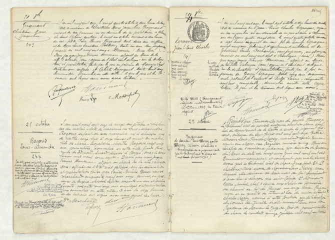 Acte de naissance de GRIGNAND Christiane Marie Jacqueline (21 octobre 1911),acte de naissance de BOGORIS Louis Alexandre (25 octobre 1911),acte de naissance de ESPAGNE Jean Louis Charles (27 octobre 1911),transcription du jugement de désaveu de MERCY Albert Charles (27 octobre 1911).