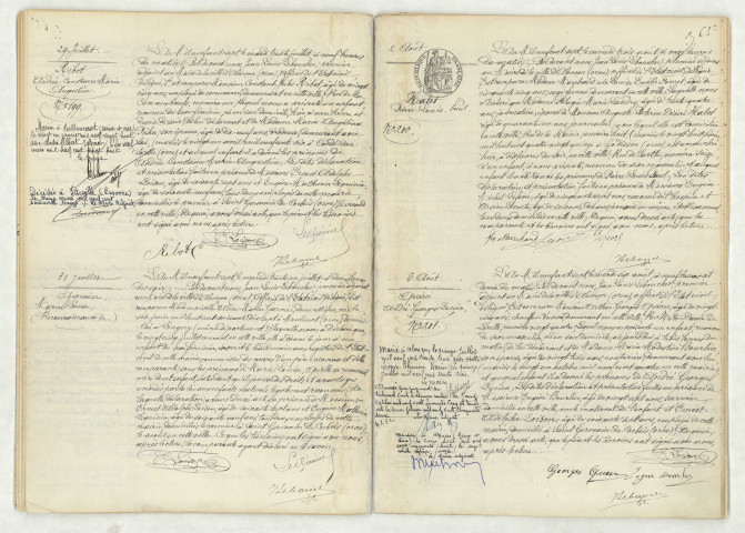Acte de naissance de RIBOT Andrée Constance Marie Augustine (29 juillet 1907),reconnaissance de GARNIER Marie Louise (31 juillet 1907),acte de naissance de HALET Pierre Louis Paul (2 août 1907),acte de naissance de QUERU André Georges Lucien (6 août 1907).