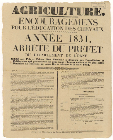 Concours de chevaux, distribution de prix et primes d'encouragement pour les plus beaux chevaux (2 mars 1831) : affiche arrêté préfectoral.