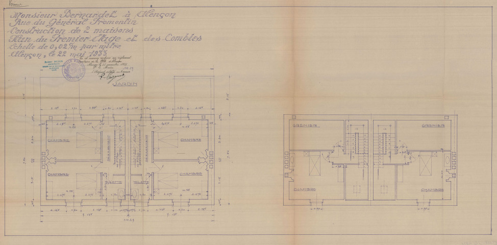 permis de construire n°26, Construction de 2 maisons d'habitation Rue Général Fromentin Alençon, (date de décision : 1933), (auteur du projet, architecte : MEZEN Albert).