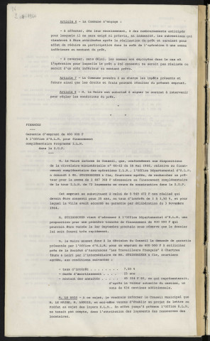 Emprunt de 738 370 F, participation de la ville pour construction d'un collège d'enseignement secondaire à Courteille. Garantie d'emprunt de 400 000 F à l'office d'H.L.M. pour financement complémentaire programme I.L.N.. dans la Z.U.P..