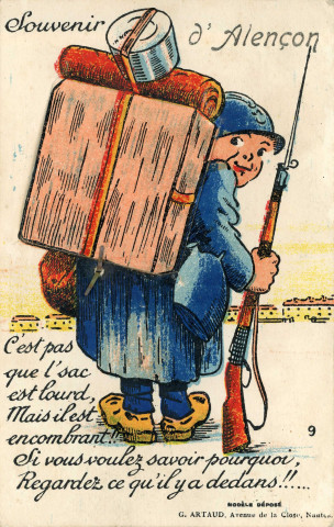 Alençon (Orne), "Souvenir d'Alençon, c'est pas que l'sac est lourd, mais il est encombrant !! Si vous voulez savoir pourquoi, regardez ce qu'il y a dedans !!", carte postale humoristique à système couleur n°9. Artaud, Nantes, (Date d'utilisation : 15 mars 1940 ), (14x9), AMA.