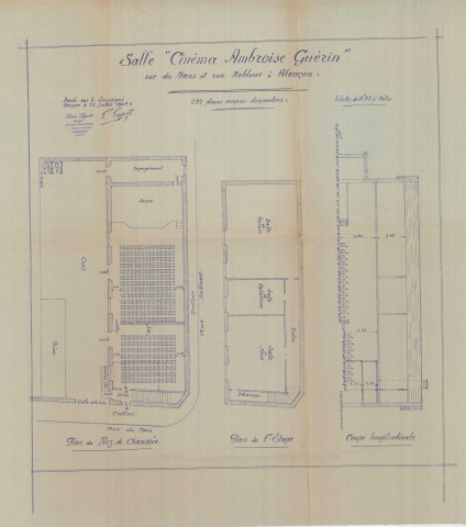 Salle "Cinéma Ambroise Guérin", rue du Mans et rue Noblesse, 292 places (Louis Legoût, ech : 0.02, 25 juillet 1942).