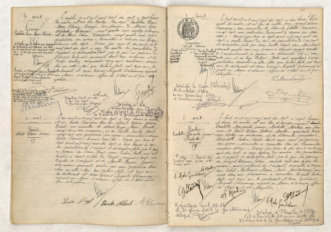 Acte de naissance de LECUYER Laëtitia Renée Marie Thérèse (04 avril 1917), Acte de naissance de PÉCATE Albert Henri Arsène (06 avril 1917), Acte de naissance de LAMARRE Joseph Adrien (07 avril 1917), Acte de naissance de MARLIER Paulette Marguerite Jeanne Michelle (08 avril 1917).