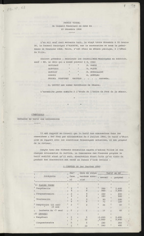Sommaire sur les affaires à délibérer. Cimetières, révision du tarif des concessions.