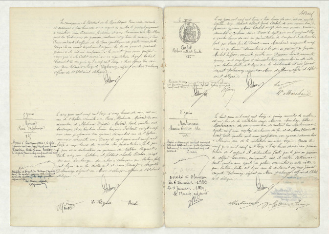 Transcription du jugement de désaveu de paternité de André Emile CLEN LOUVET (6 juin 1913),acte de naissance de MENARD René Alphonse (5 juin 1913),acte de naissance de CORBEL Robert Albert Emile (6 juin 1913),acte de naissance de MARTINEAU Maurice Emilien Elie (8 juin 1913).