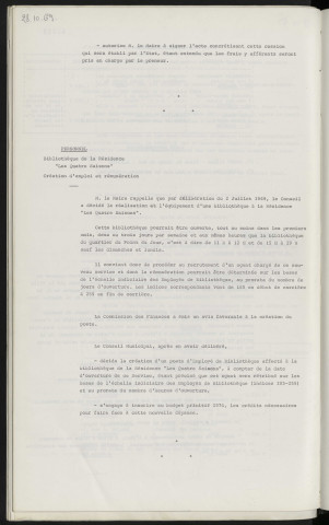 Personnel, bibliothèque de la résidence "Les Quatre Saisons", création d'emploi et rémunération.