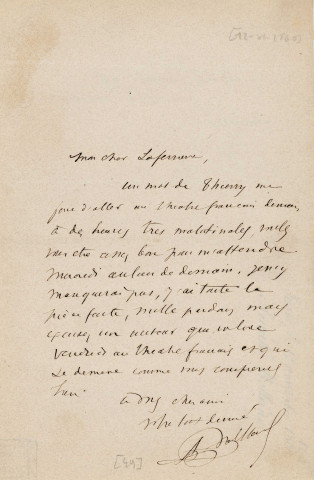 Lettre autographe signée de l'écrivain Amédée de Rolland à l'acteur Adolphe Laferrière [12 novembre 1860] .