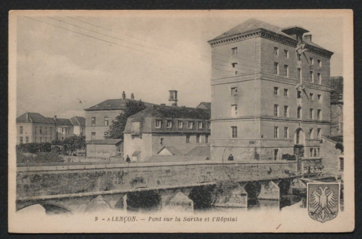 Alençon (Orne), Pont sur la Sarthe et L'Hôpital, carte postale ancienne noir et blanc n°9, G. Artaud éditeur, Nantes, sd, (14x9),AMA.
