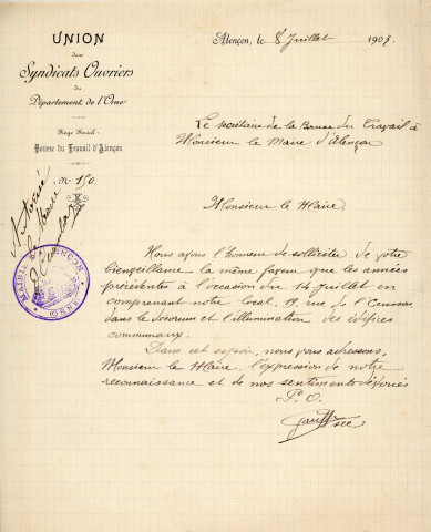 Fête nationale 14 juillet 1903 : affiche Imprimerie A. Herpin, (94 x 130).