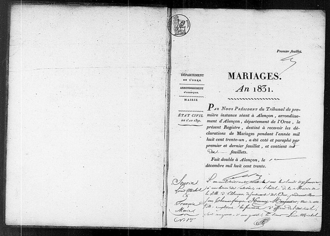 Registre des actes de mariage (1831).