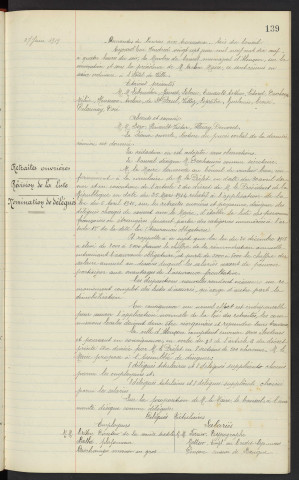 Sommaire sur les affaires à délibérer. Retraites ouvrières, révision de la liste, nomination de délégués