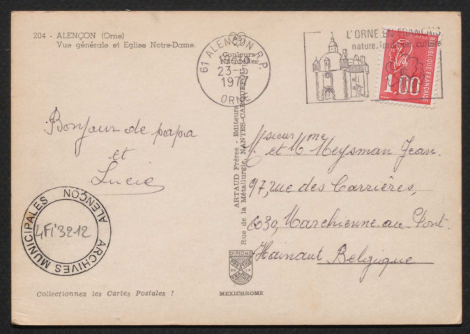 Alençon (Orne), vue générale et église Notre-Dame, carte postale ancienne noir et blanc n°204, Artaud frères, éditeur, Nantes-Carquefou, (Date d'utilisation : 23 mai 1977), (15x10,5), AMA, 2 exemplaires.