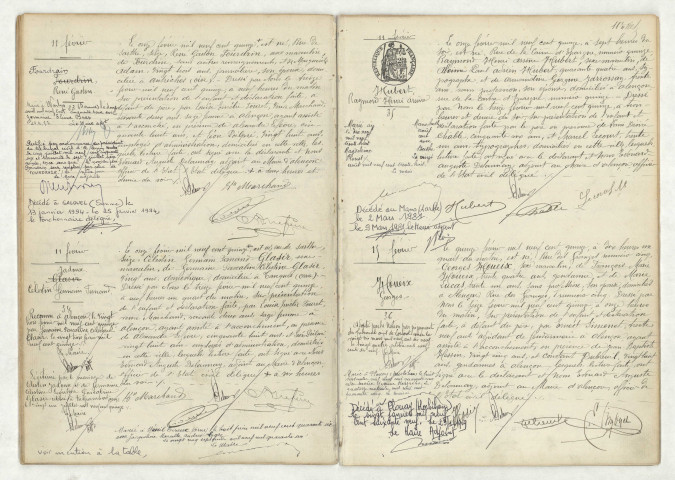 Acte de naissance de FOURDRAIN FOURDRIN René Gaston (11 février 1915), acte de naissance de JADOUX GLASIR Célestin Germain Fernand (11 février 1915), acte de naissance de HUBERT Raymond Henri Arsène (11 février 1915), acte de naissance de HOUEIX Georges (15 février 1915)