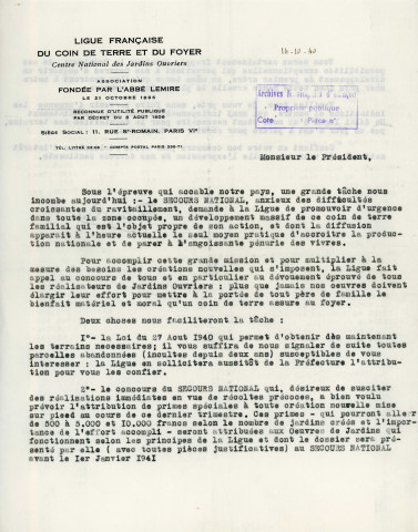 Création et aménagement de nouveaux jardins ouvriers pour exploitation agricole des parcelles durant la Seconde Guerre mondiale (1940-1949) : état parcellaire des terres incultes, arrêtés, correspondance, décrets ; alimentation en eau (1942) : correspondance, rapport