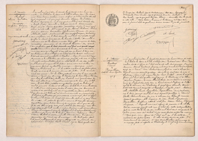 Acte de mariage de HUBERT Alcinne Paul Adrien veuf de JAROSSAY Désirée Augustine et JAROSSAY Armandine Georgine (08 janvier 1910), Acte de mariage de GUITARD Marcel et PAPAILHON Mathilde Louise Léopoldine (08 janvier 1910).