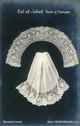 Col et jabot, Point d'Alençon, carte postale ancienne noir et blanc, édition Peslier-Greslebin, (Date d'utilisation : 28 septembre), (14x9).