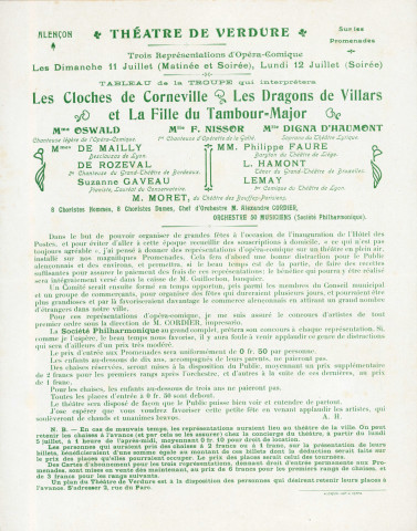 Manifestations culturelles au Théâtre de Verdure, représentations d'opéra-comique à l'occasion de l'inauguration de l'Hôtel des Postes : programmes (1909).