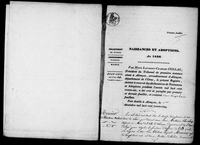 Registre des actes de naissance et adoption (1836).