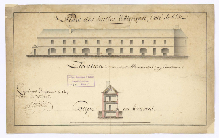 Place des Halles d'Alençon, côté de l'Est, élévation des maisons marchandes à construire, coupe en travers (Berthelmy, 1er novembre 1806).