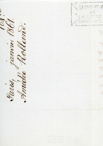 Lettre autographe signée de l'écrivain Amédée de Rolland à l'acteur Adolphe Laferrière [janvier 1861] .
