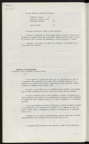 Contentieux, désordres au groupe scolaire Emile Dupont, jugement du tribunal administratif de Caen en date du 29 Avril 1969, recours en conseil d'état. Redevance d'assainissement, convention avec la commune de Saint Paterne.