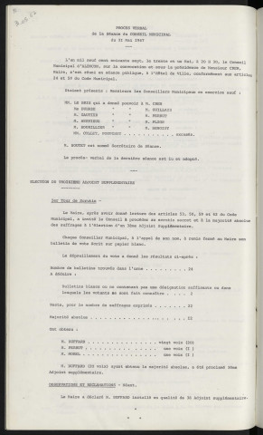 Sommaire sur les affaires à délibérer. Election du troisième adjoint supplémentaire, Mr BUFFARD.