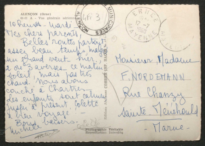 Alençon (Orne), vue générale aérienne, carte semi-moderne n°6561A, éditions aériennes Combier IMP Mâcon, date d'utilisation (12 juillet 1960),