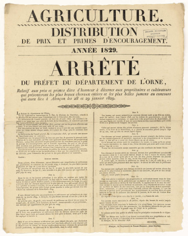Concours de chevaux, distribution de prix et primes d'encouragement pour les plus beaux chevaux (28-29 janvier 1828) : affiche arrêté préfectoral.