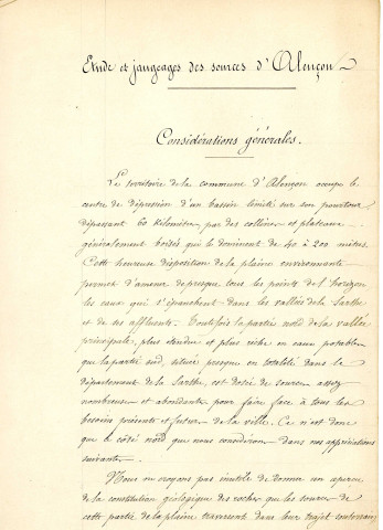 Projet de distribution en eau potable de la ville d'Alençon, étude et jaugeage des sources de Launay (1879-1891) : rapports.