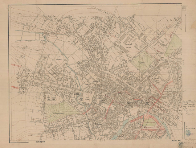 Alençon, plan d'aménagement, d'extension et d'embellissement (éch : 1/2000) (Feldtrauer, société d'entreprises Photo aériennes Paris), plan topographique, feuille 1.