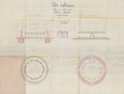 Alençon, projet de dérivation et de distribution des eaux de sources du Moulin de Launay, réservoir d'équilibre en alimentation de la gare, rue Saint Blaise (16 août 1885) (Charles Gibault), plan des fondations, vue extérieur, coupe (Charles Gibault, éch. 1/50)