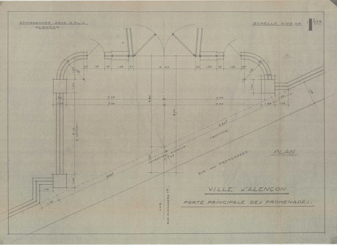 Les Promenades, porte principale, clôture, élévation, plan axonométrique (arch : A. Eschbaercher, ech : 0.02, n°1bis, date : 1940).