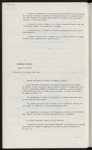 Bâtiments communaux, église de Monsort, réfection de la couverture des bas-côtés et de la sacristie. Bâtiments communaux, église Saint Léonard, réfection de la toiture côté Ouest.