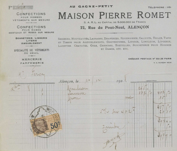 Factures du magasin du Gagne-Petit, maison Pierre Romet, du magasin Au Bon Marché, Maison Aristide Boucicaut, du magasin Au Gros Chêne, Maison Paul Picard