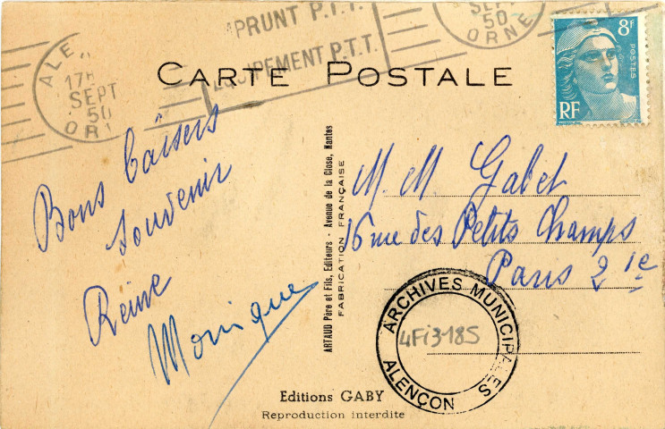 Alençon (Orne), "Me v'là parti ! Dans la valise vous verrez Alençon", carte postale à système couleur n°13, Artaud père et fils, éditeur, Nantes, éditions Gaby,(Date d'utilisation : ? Septembre 1950), (14x9), AMA.