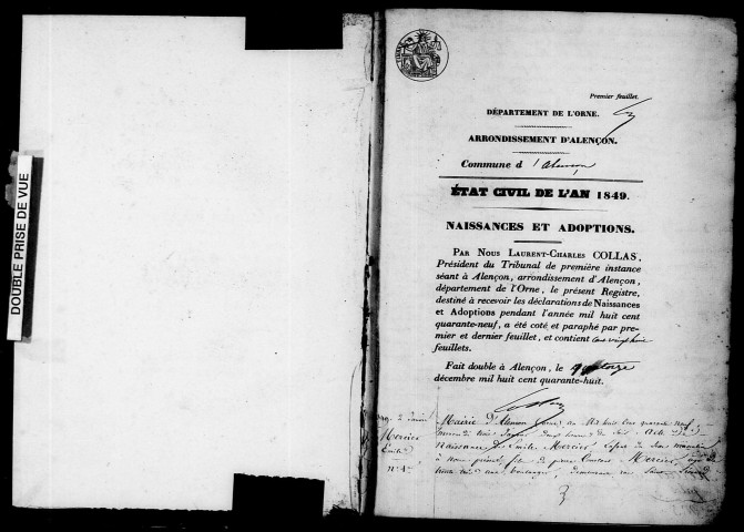 Registre des actes de naissance et adoption (1849).