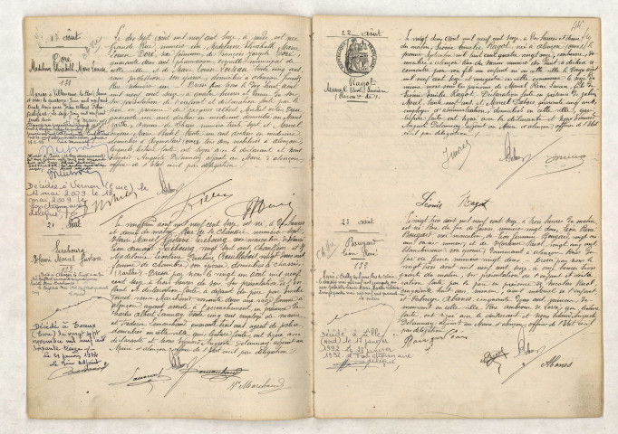 Acte de naissance de DORÉ Madeleine Elisabeth Marie Louise (17 août 1916), Acte de naissance de LEREBOURG Henri Marcel Gustave (21 août 1916), Acte de Reconnaissance de RAGOT Marcel René Lucien (22 août 1916), Acte de naissance de BOUGARD Léon René (23 août 1916).