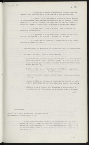Voirie, bouclage Sud-Ouest, réseaux divers, éclairage public, assainissement. Acquisitions, terrain rue P. Curie appartenant à SPIE-BATIGNOLLES, implantation du guichet annexe P.T.T.