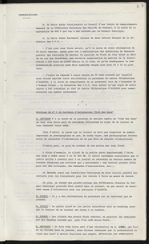 Communication, lettre de remerciements émanant de la fédération Nationale des Mutilés du travail pour la subvention. Critique du n°5 du bulletin d'information "Cité des Ducs".
