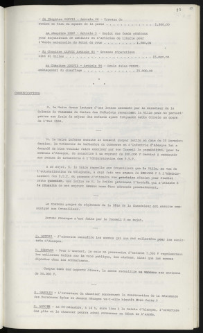Autorisations spéciales, exercice 1966. Remerciements du directeur de la colonie de vacances du centre des Châtelets. Demande du trésorier de la chambre de commerce et d'industrie d'un emprunt destiné à l'administration des P.T.T, règlement de la fête. de la Chandeleur. Finances pour les sinistrés d'Alençon. Construction d'une résidence des personnes âgées et jeunes ménages les "Quatre Saisons".