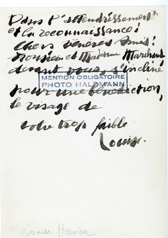 Portrait inédit de la femme artiste Louise Jeanne Aimée Hervieu [v.1938], photographie noir et blanc, Philippe Halsman, dédicacée par Louise Hervieu, (17cm x 12cm), acquisition 2024, AMA.