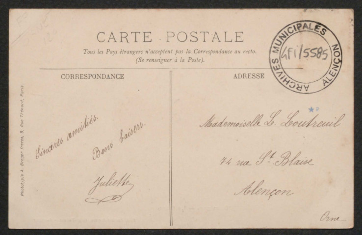 Damigny (Orne), La gare, carte postale ancienne noir et blanc, Parisel-Rivière, édit, épicerie-tabacs. Damigny, phototypie A. Breger frère, Paris, (date d'utilisation : 25 août 1905), (14x9), acquisition 2021, AMA.