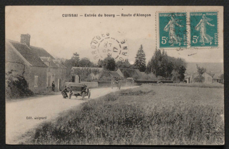 Cuissai (Orne), Entrée du bourg, route d'Alençon, carte postale ancienne noir et blanc, édit, Gaignard, (date d'utilisation : 27 novembre 1917), (14x9), acquisition 2021, AMA.