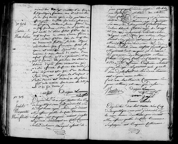 Acte de naissance de SEURIN Marie Hélène (7 mars 1797),acte de naissance de JUGLET Marguerite Marie Félicitée (6 mars 1797),acte de naissance de GUIBE Virginie Rosalie (7 mars 1797).